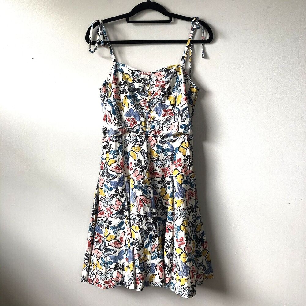 LL Bean Signature Dress 8 Fit And Flare Butterfly Print Bow Shoulder Artsy Girly